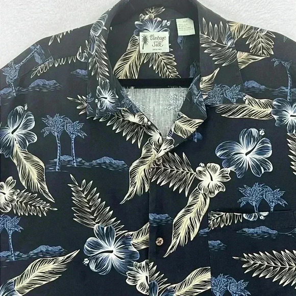Vintage Silk Men’s Shirt 3XLT Black/Blue/Tan 100% Silk Hawaiian Tropical Island - Picture 3 of 10